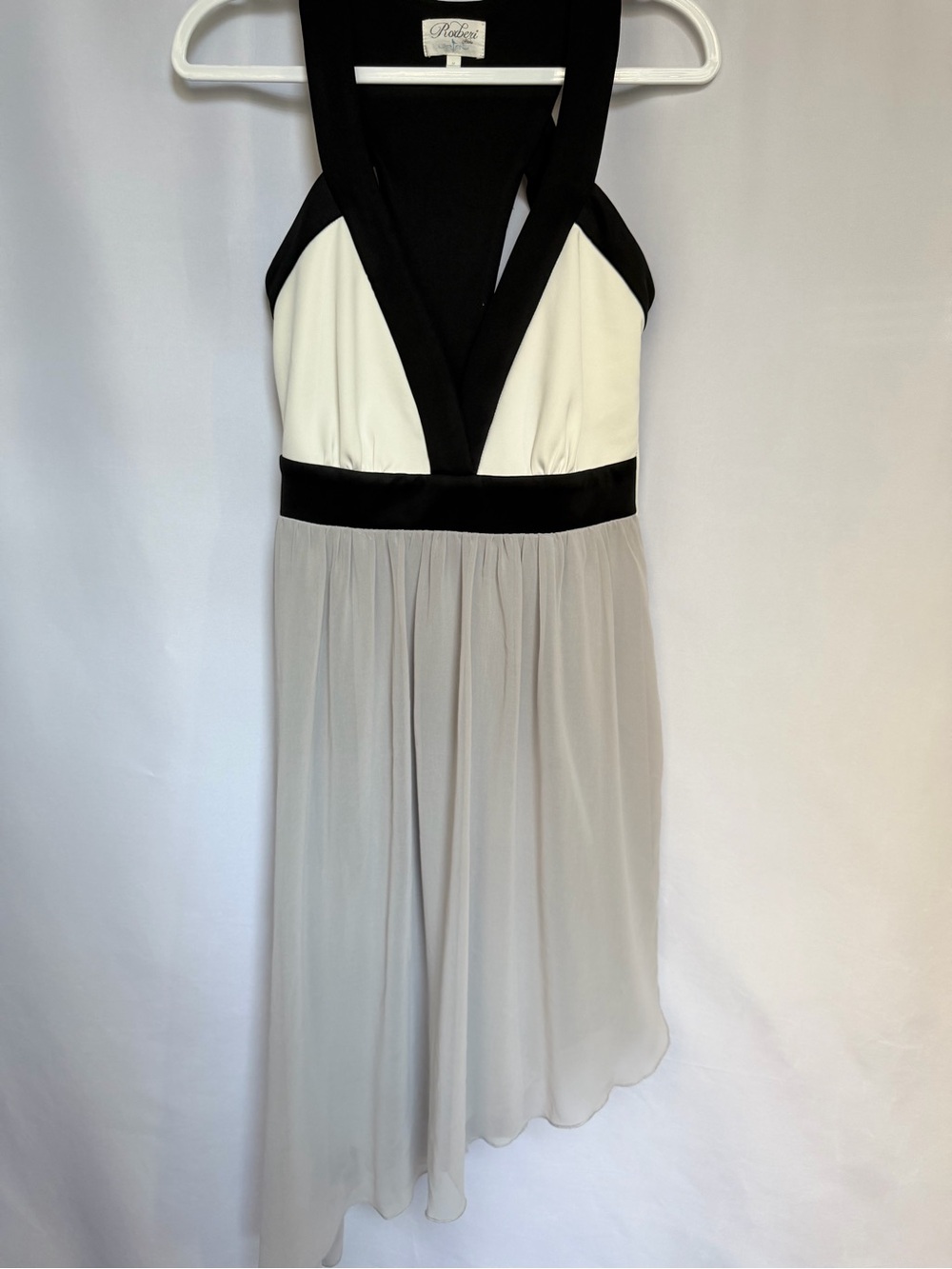 Roxberi Black, White & Gray Asymmetrical V-Neck Dress, Medium